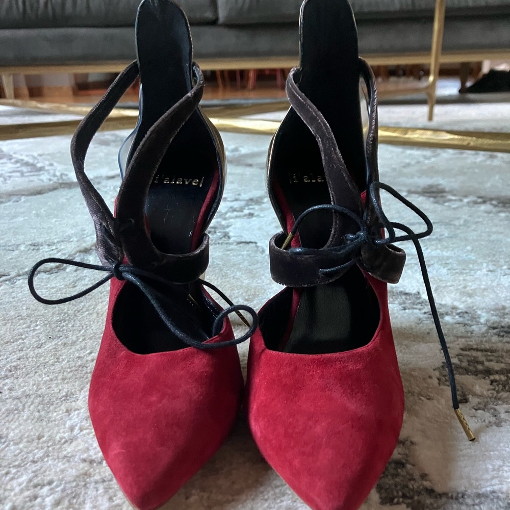 Red velvet and gold high heels with Black shoelace adjustable ties gold heal